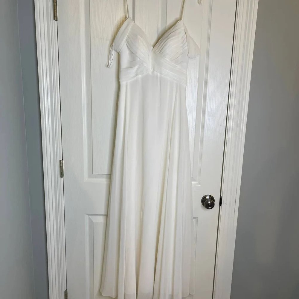 Bari Jay White Off Shoulder Empire Waist Maxi Formal Bridal Dress, 6
